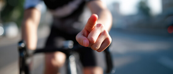 Cyclist points forward while riding on city street