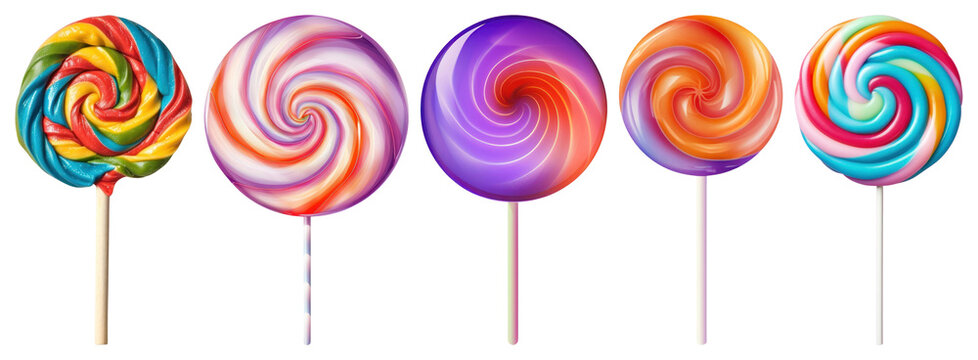 PNG Colorful swirl lollipops in various vibrant patterns element set on transparent background.