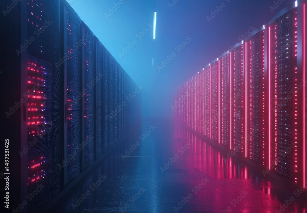 Poster Futuristic corridor between illuminated blue and pink server racks in a misty data center. Great for cloud computing, cybersecurity, and AI-driven infrastructure visuals