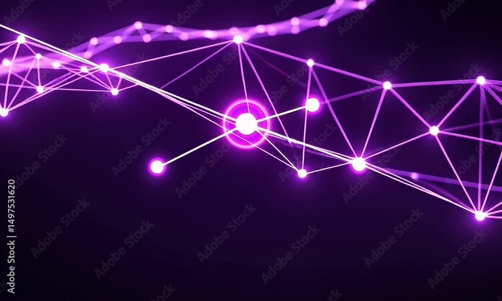 Poster animated purple network structure with glowing points and lines against black background