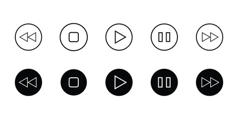 The media player button icon set. Pause, rewind, fast forward icons. Ui element. Music player button. Video control. Playing a collection of video icons. Ui template. Vector illustration
