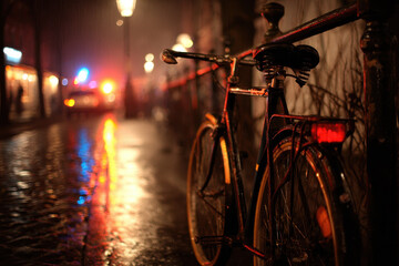 Bicycle on wet street with police lights reflecting at night