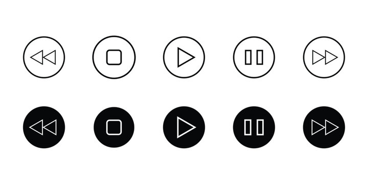 The media player button icon set. Pause, rewind, fast forward icons. Ui element. Music player button. Video control. Playing a collection of video icons. Ui template. Vector illustration