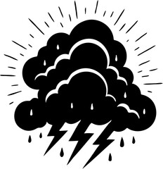 vector illustration of cloud silhouette and rain and lightning, isolated on white