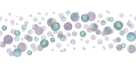 Abstract floating bubbles in varying sizes watercolor seamless wavy border isolated background. Fluid organic movement ornate. For spa branding, nursery decor, marine or wellness product packaging.