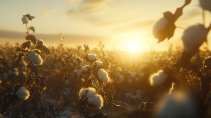 Golden sunset over a cotton field, fluffy cotton bolls in focus.