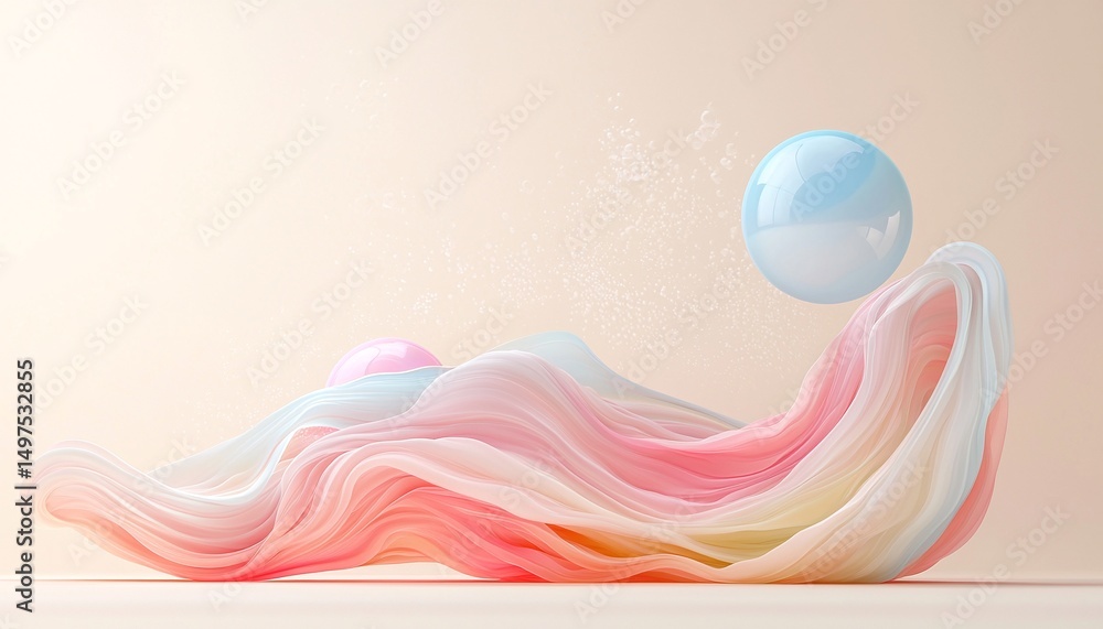 Poster pastel pink and blue abstract 3d render with floating spheres and wavy forms