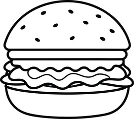 Bold Line Art Hamburger Illustration Sesame Bun Patty Lettuce Cheese Tomato