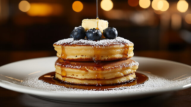 Stack of Pancakes with Blueberries and Syrup