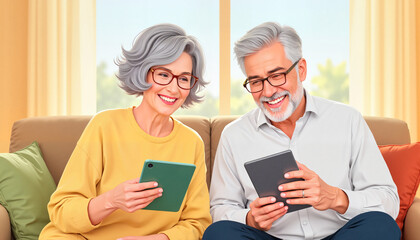 Elderly couple enjoying digital devices while sitting on the sofa  
