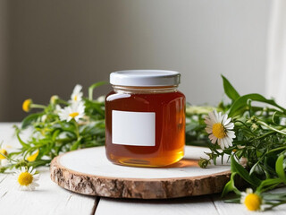 Blank label honey jar mockup on nature background.