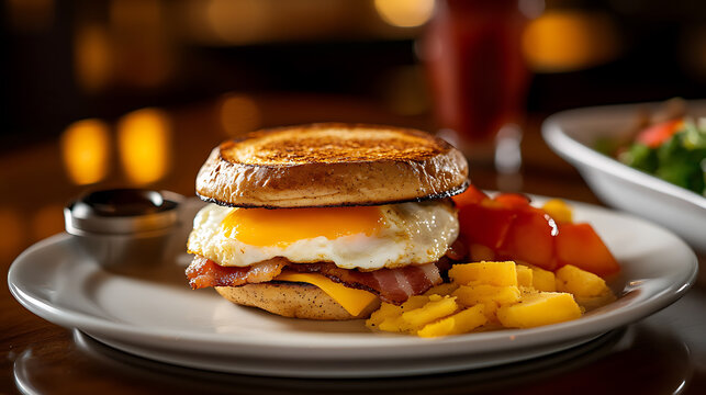 Breakfast Sandwich with Egg, Bacon, and Cheese on an English Muffin