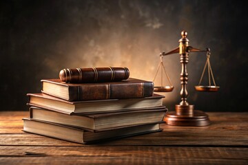 Books of Law on Wooden Table Against Dark Background