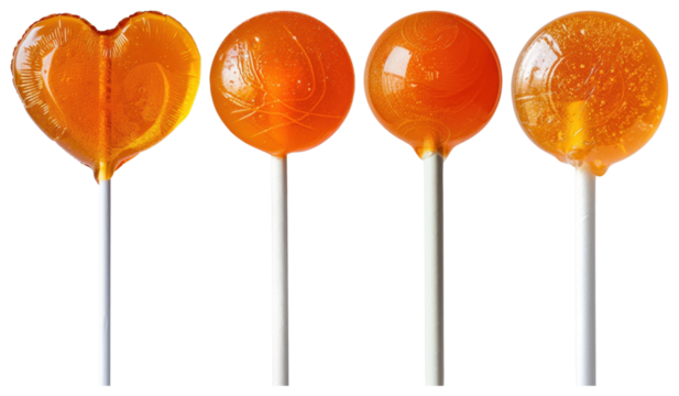 PNG Four orange lollipops in various shapes on sticks element set on transparent background.