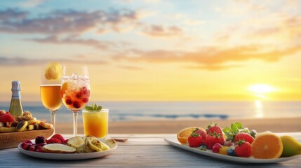 Fototapeta premium Relaxing Beach Sunset with Delicious Food and Refreshing Drinks