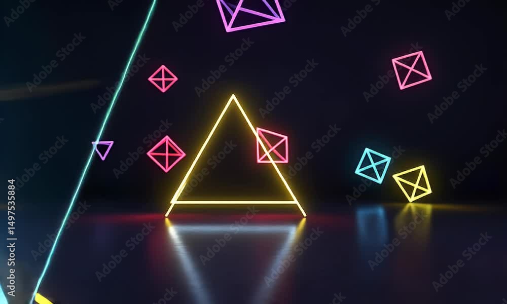 Poster dynamic neon geometric shapes displayed against dark background with bright and colorful animated li
