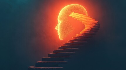 Mastering Your Mindset visualized in surreal style with a staircase spiraling upward into a glowing head silhouette