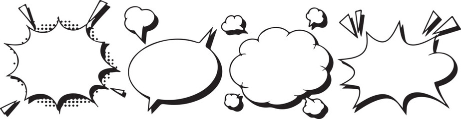 A set of speech bubble and comic explosion shapes, designed in minimalistic line art style, ideal for use in graphic design, comics, or as creative design elements in various projects.