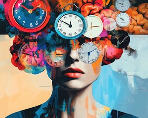 Mastering Your Mindset with vibrant pop art collage of motivational quotes, clocks, and symbolic brain images