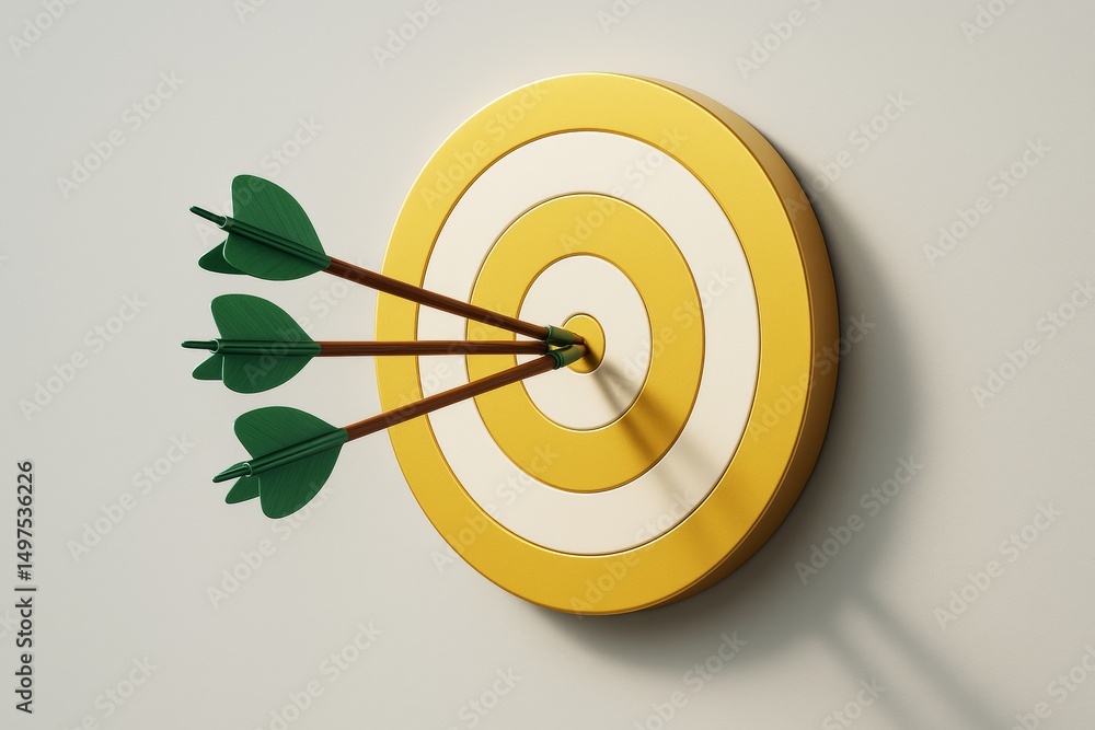 Poster three arrows hitting the center of a yellow and white target on a light background, symbolizing busi