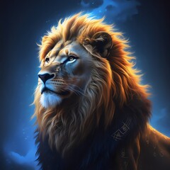 Naklejka premium Majestic Lion Illuminated in a Starry Night with Glowing Aura Generative AI