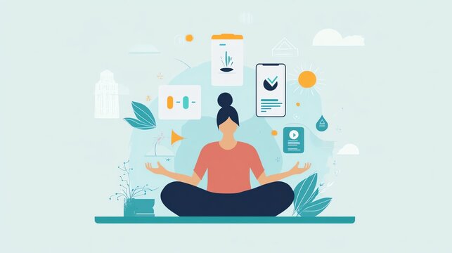 Mastering Your Mindset represented in flat vector showing progress bars and meditation apps around a person