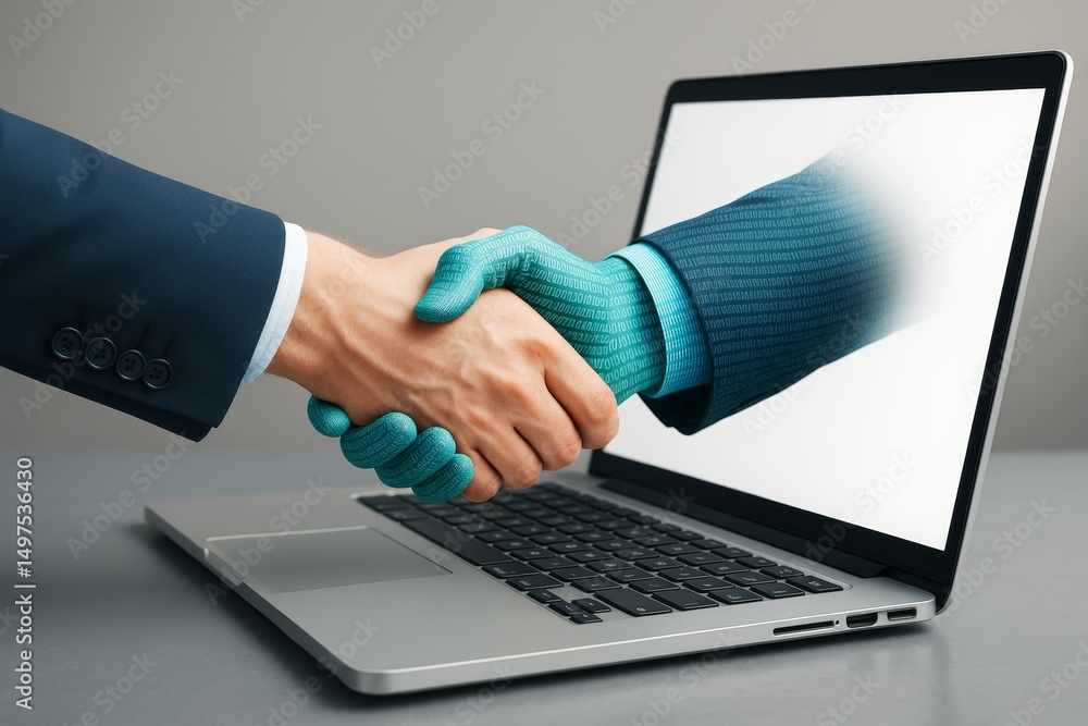 Poster businessman shaking hands with digital binary hand emerging from laptop screen, symbolizing technolo