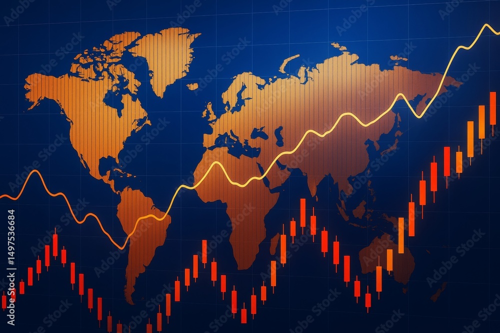 Poster global financial growth chart with candlestick patterns and rising trend lines over world map on blu