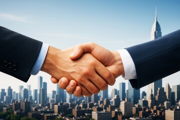 Close-up of business handshake in front of city skyline with light background, symbolizing agreement and partnership in modern urban business context.