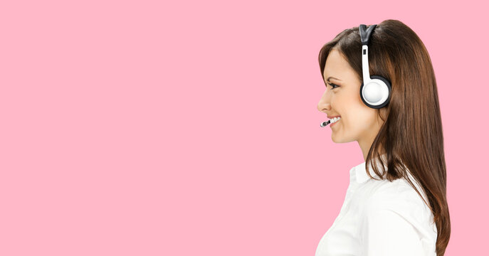 Representative call center. Profile portrait - sales woman support phone operator in headset, isolate pink background. Callcenter customer service. Video conference. Banner image with free space