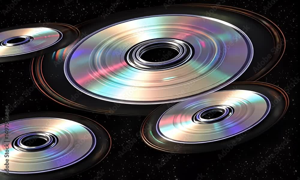Poster floating circular metallic discs with iridescent reflections against black space backdrop
