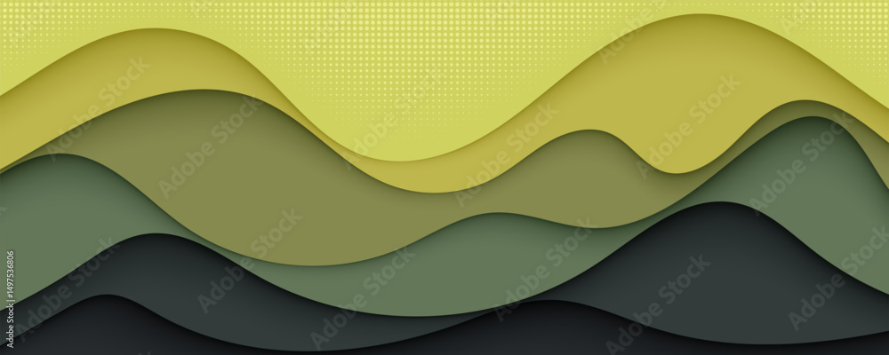 Canvas Prints green paper cut abstract landscape background with layered hills and halftone gradient