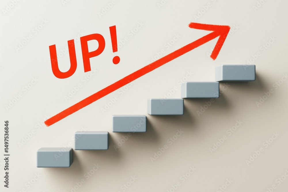 Poster Business growth concept with upward red arrow, floating steps, and UP text on light background symbolizing progress and success.