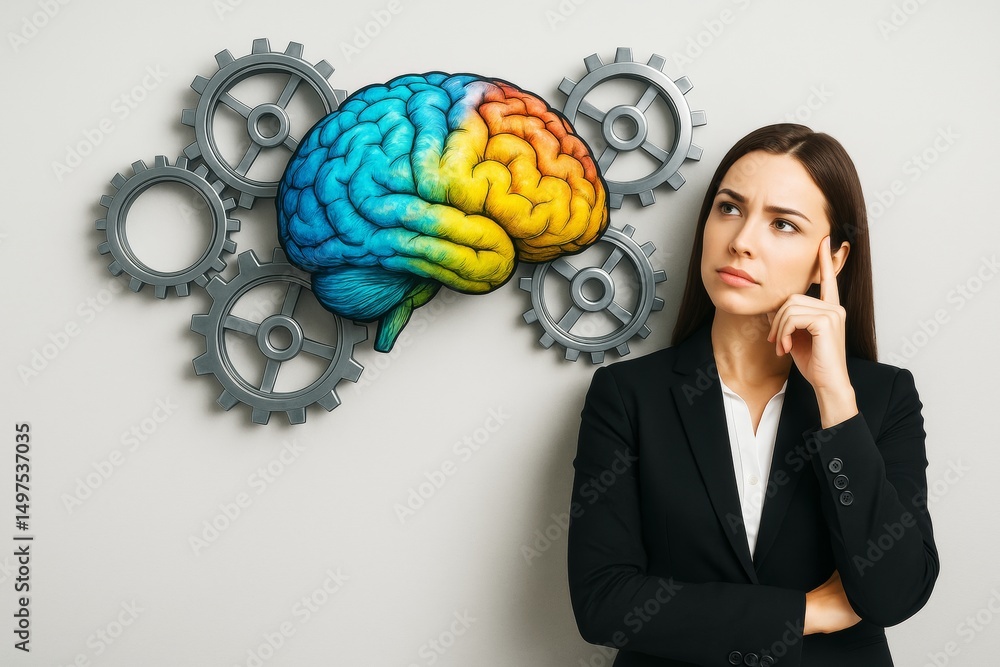 Poster Businesswoman thinking with colorful brain and gears on light background symbolizing creative thinking and problem solving in business concept.