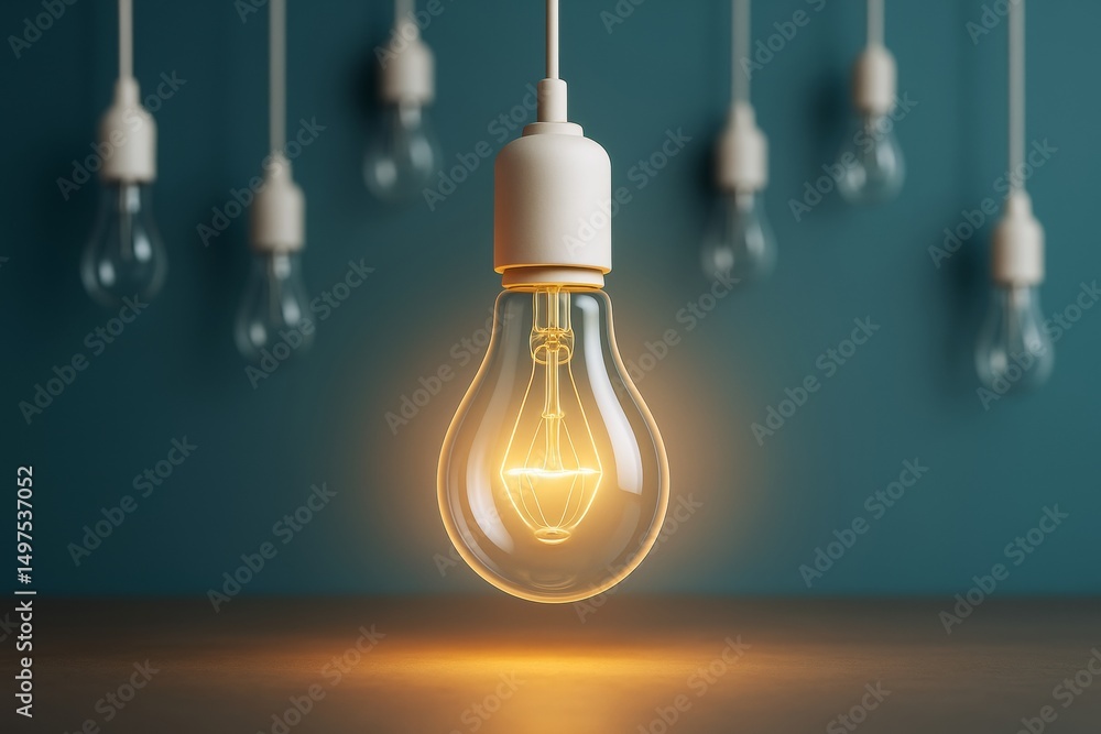 Poster glowing light bulb hanging in focus with several unlit bulbs in background on blue wall symbolizing 