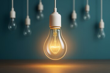 Glowing light bulb hanging in focus with several unlit bulbs in background on blue wall symbolizing innovation and business concept of bright ideas.