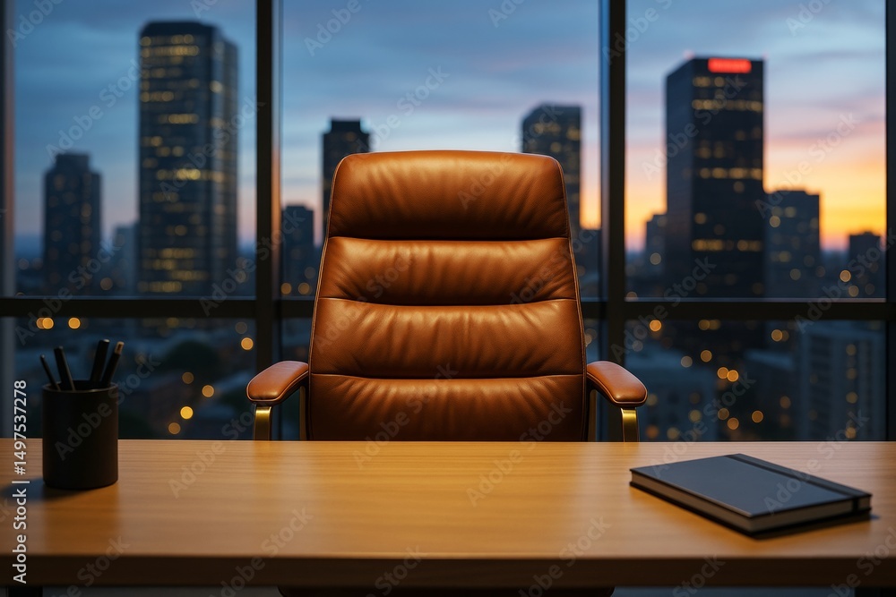 Aufkleber luxurious executive office chair at wooden desk with city skyline background and soft evening light 