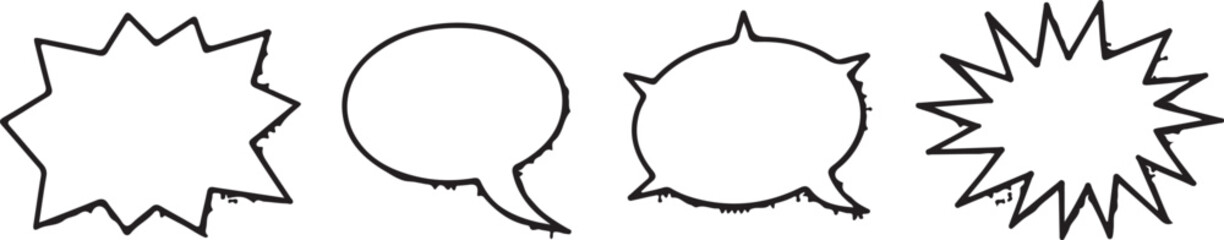 A set of speech bubble and comic explosion shapes, designed in minimalistic line art style, ideal for use in graphic design, comics, or as creative design elements in various projects.