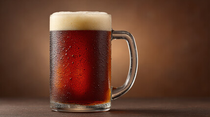 Frosty mug of root beer with foamy head sits on wooden table against warm brown background