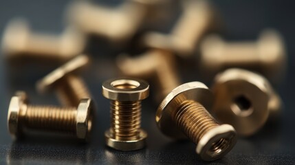 Close-Up View of Gold-Plated Metal Fasteners and Screws on Dark Background with Soft Focus and Textured Surface for Industrial and Crafts Use