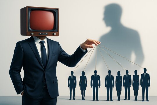 Businessman with vintage TV head controlling people like puppets, casting large shadow on light background, symbolizing media influence concept.