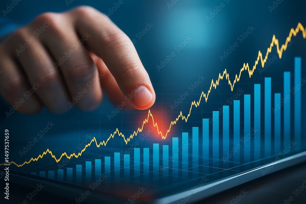 Poster hand interacting with financial growth chart on digital touchscreen, highlighting data analysis and 