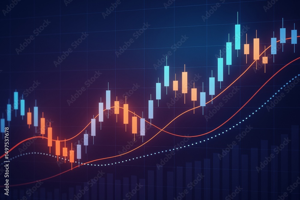 Poster Abstract candlestick chart with glowing light bars and trend lines on a dark grid background for business and financial analysis concept.