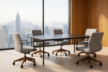Fototapeta premium Modern business meeting room with minimalist furniture and panoramic city skyline background in natural light setting. Ai generative.