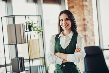 Confident businesswoman standing in a modern office space showcasing a professional attitude and...