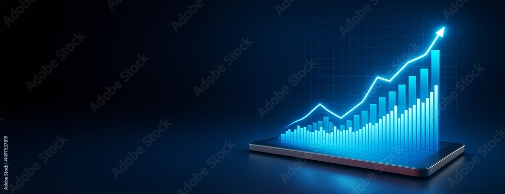 Poster Glowing bar chart with upward arrow emerging from digital tablet on dark background, representing business growth and financial success concept.