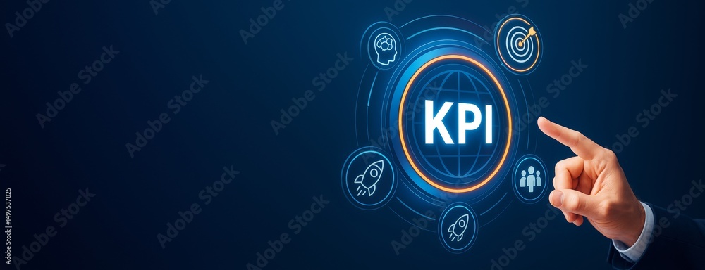 Aufkleber Business KPI strategy concept with icons and hand pointing at digital interface on blue background for performance tracking and optimization design template.