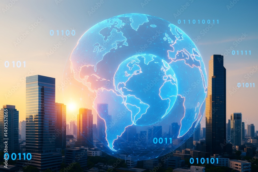Poster digital glowing globe with data elements overlaying modern cityscape at sunrise, symbolizing global 