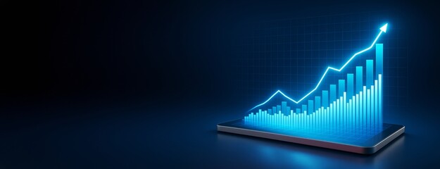 Glowing bar chart with upward arrow emerging from digital tablet on dark background, representing business growth and financial success concept.