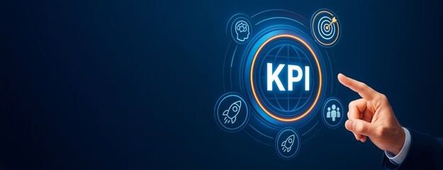 Business KPI strategy concept with icons and hand pointing at digital interface on blue background for performance tracking and optimization design template.